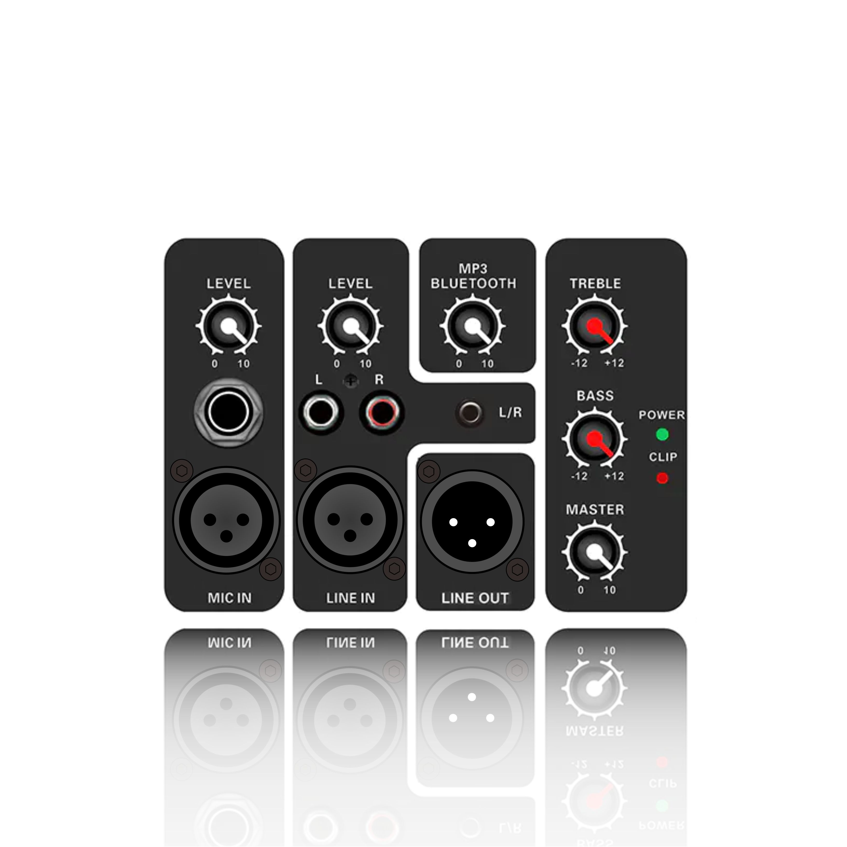 PL15: Yhden mikrofonin ja linjatulon sekoituslähtö vaakasuuntainen analoginen toiminnallinen moduuli luokan AB vahvistimelle